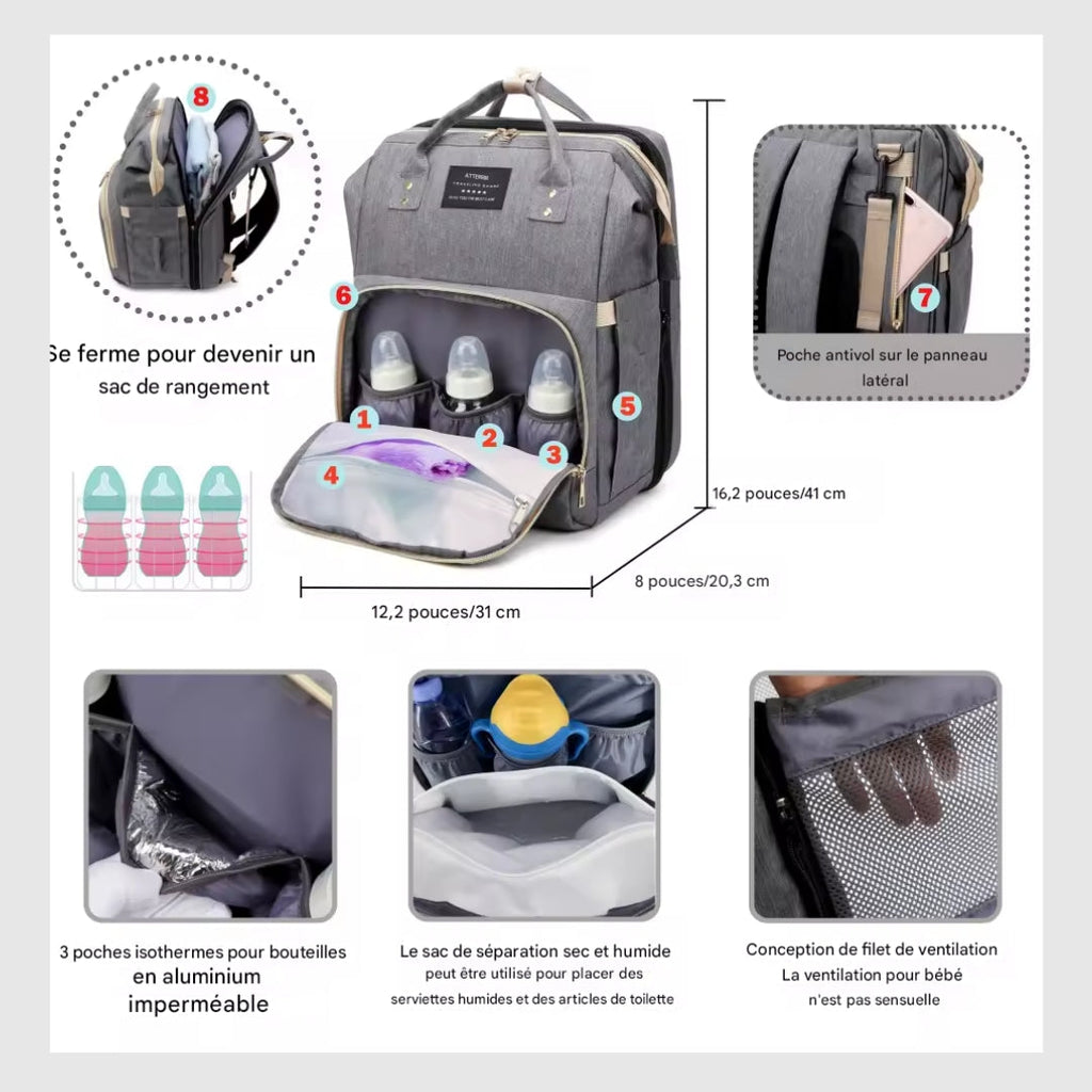 BabyNest 3-en-1™ – Le sac à langer, berceau et parc de jeu tout-en-un.