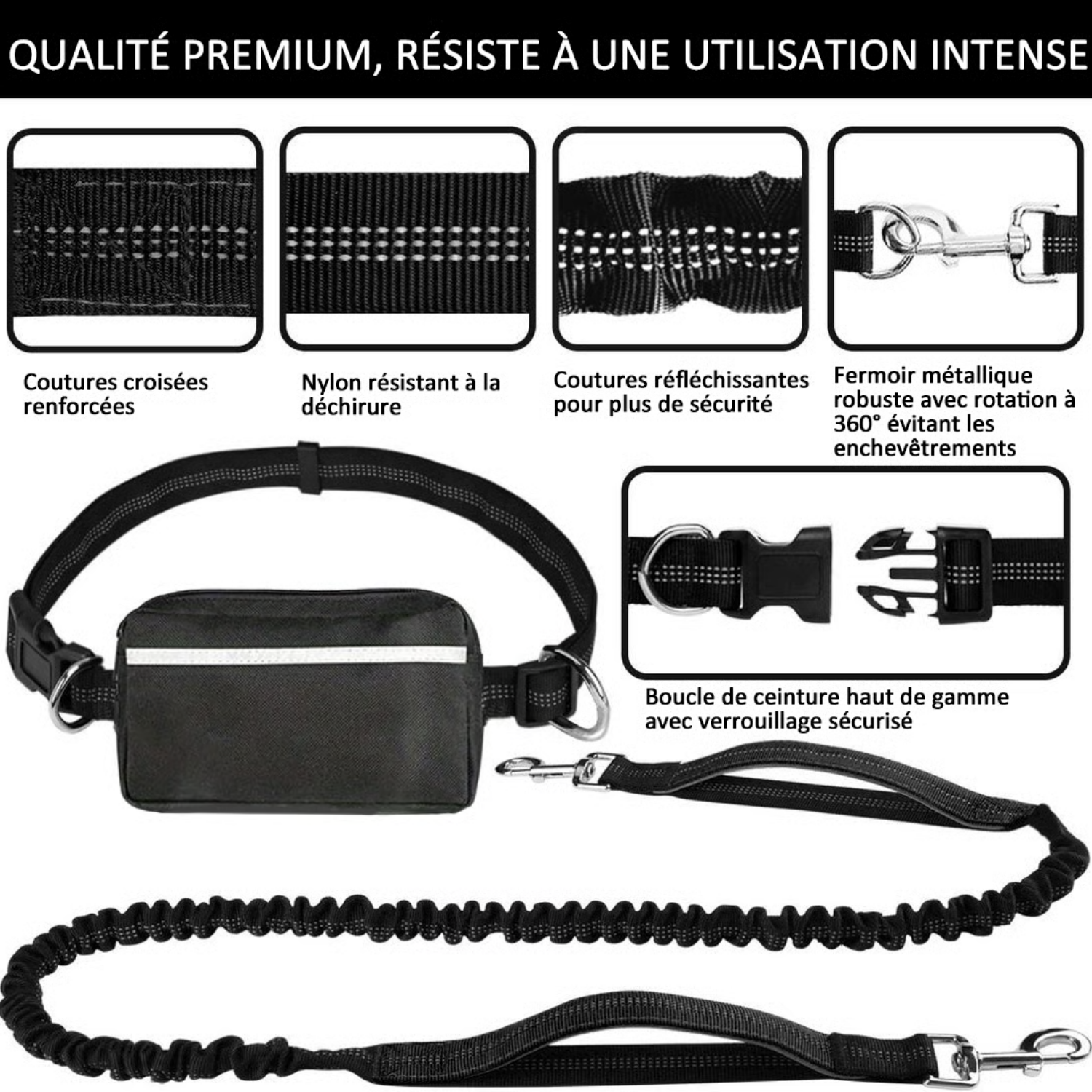 laisse mains libres pour chien avec poche zippée