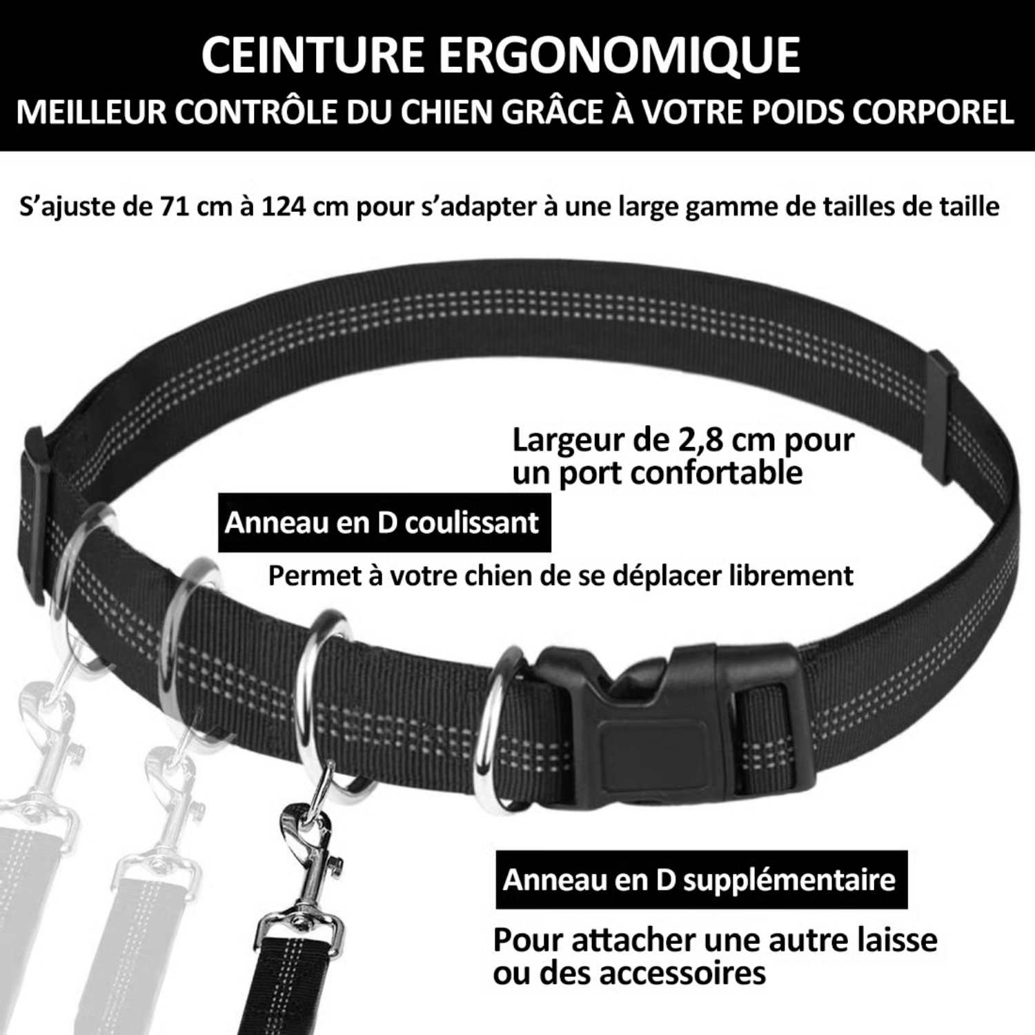 laisse mains libres pour chien avec poche zippée
